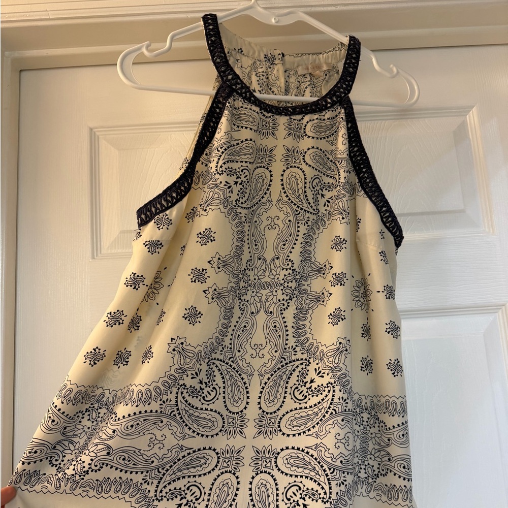 Skies Are Blue Cream Halter Blouse with Navy Paisley Print
